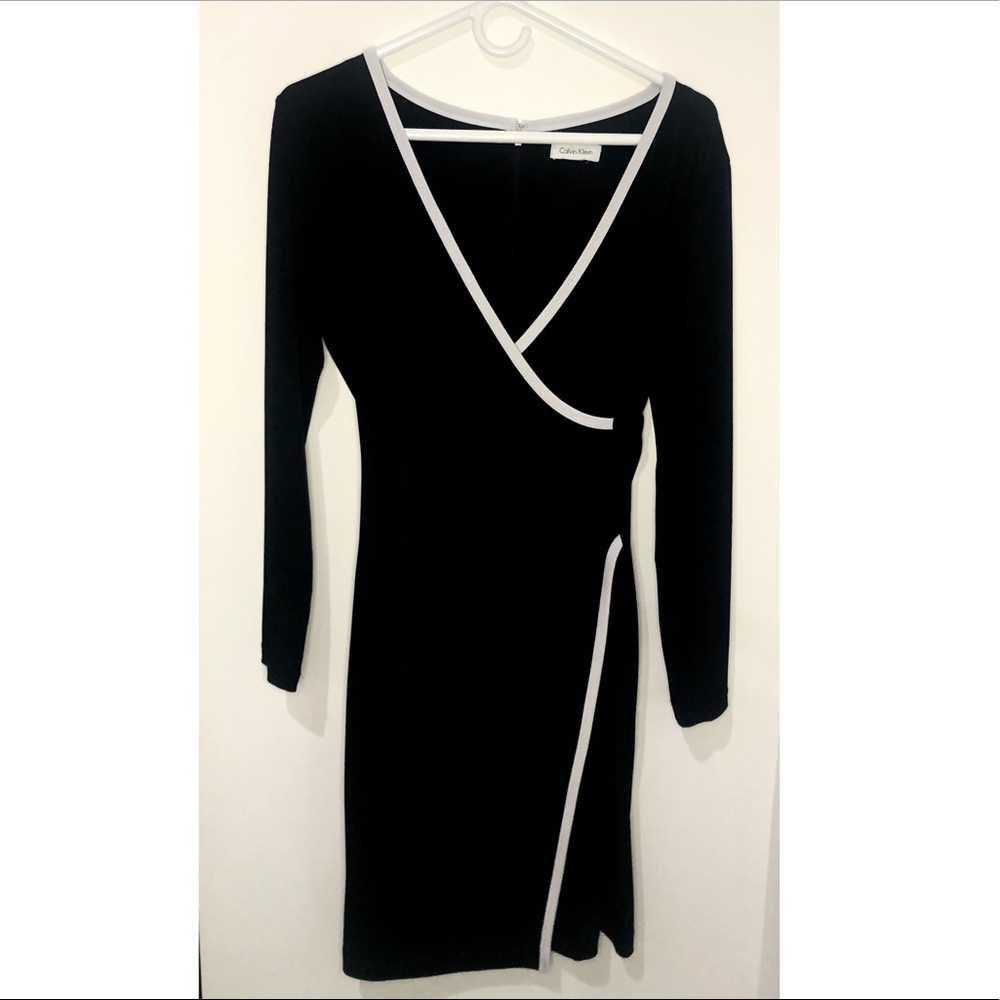 Calvin Klein Black & White Wrap Long Sleeve Dress